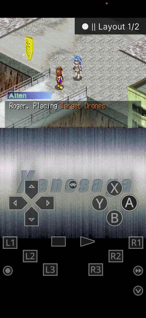 Xenosaga I+II rough English runtime gameplay showing English dialogue in an emulator capture